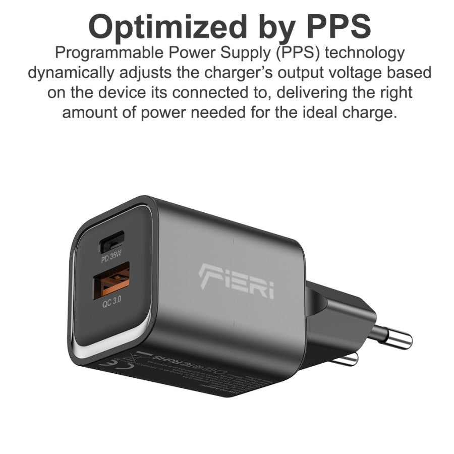 Pengisi Daya Dinding Fieri 35W Desain Mini USB-A + USB-C Smart+ GAN III PPS PD