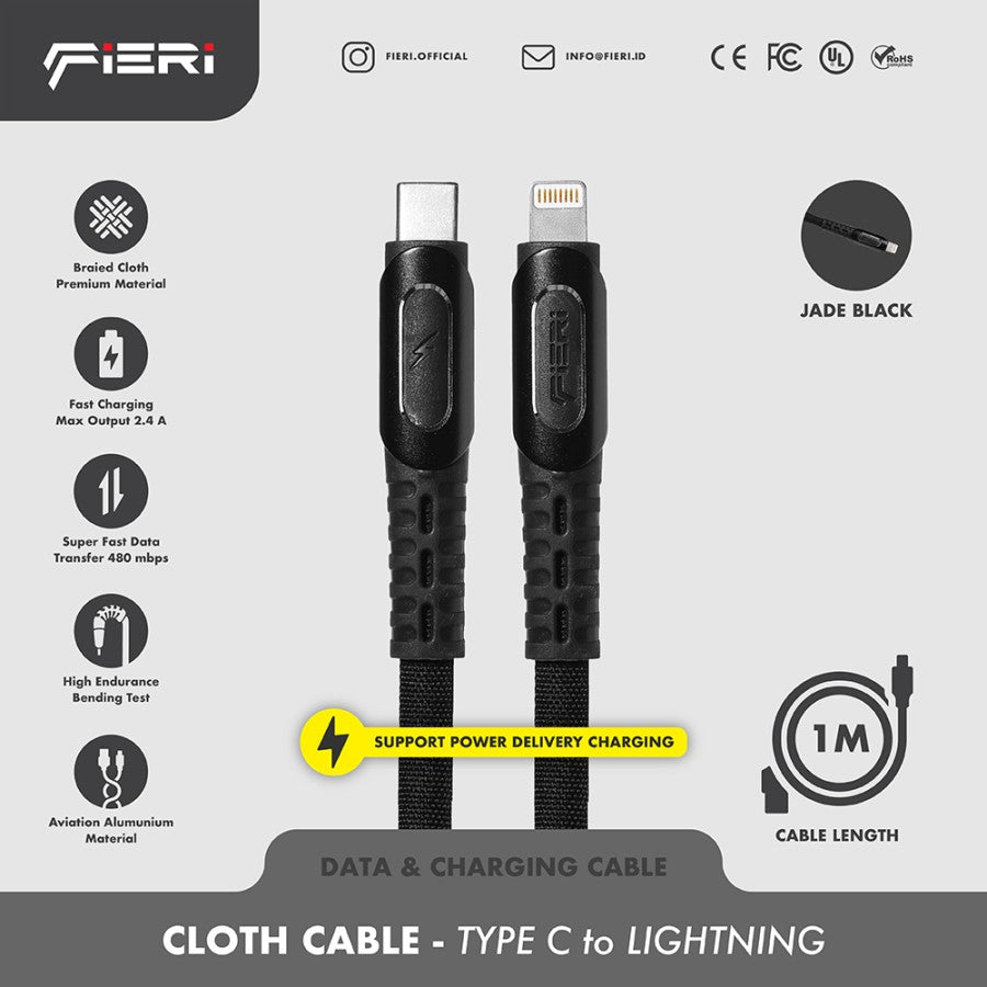Kabel Data Pengisian Daya Fieri USB-C ke Lightning 1M / 2M Kain