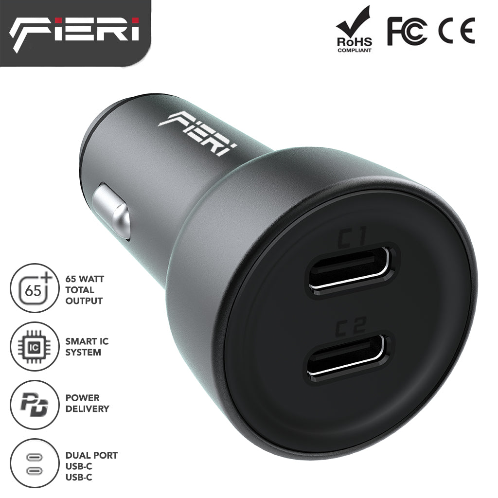 Pengisi Daya Mobil Fieri D1-X 65W 2x USB-C PD Pengisian Cepat