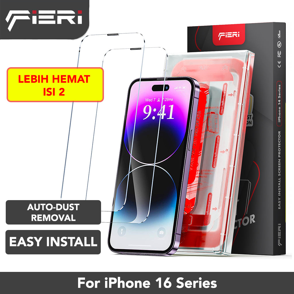 Pelindung Layar Bening Fieri untuk iPhone Seri 16 Pemasangan Mudah Anti Debu Otomatis - Paket isi 2