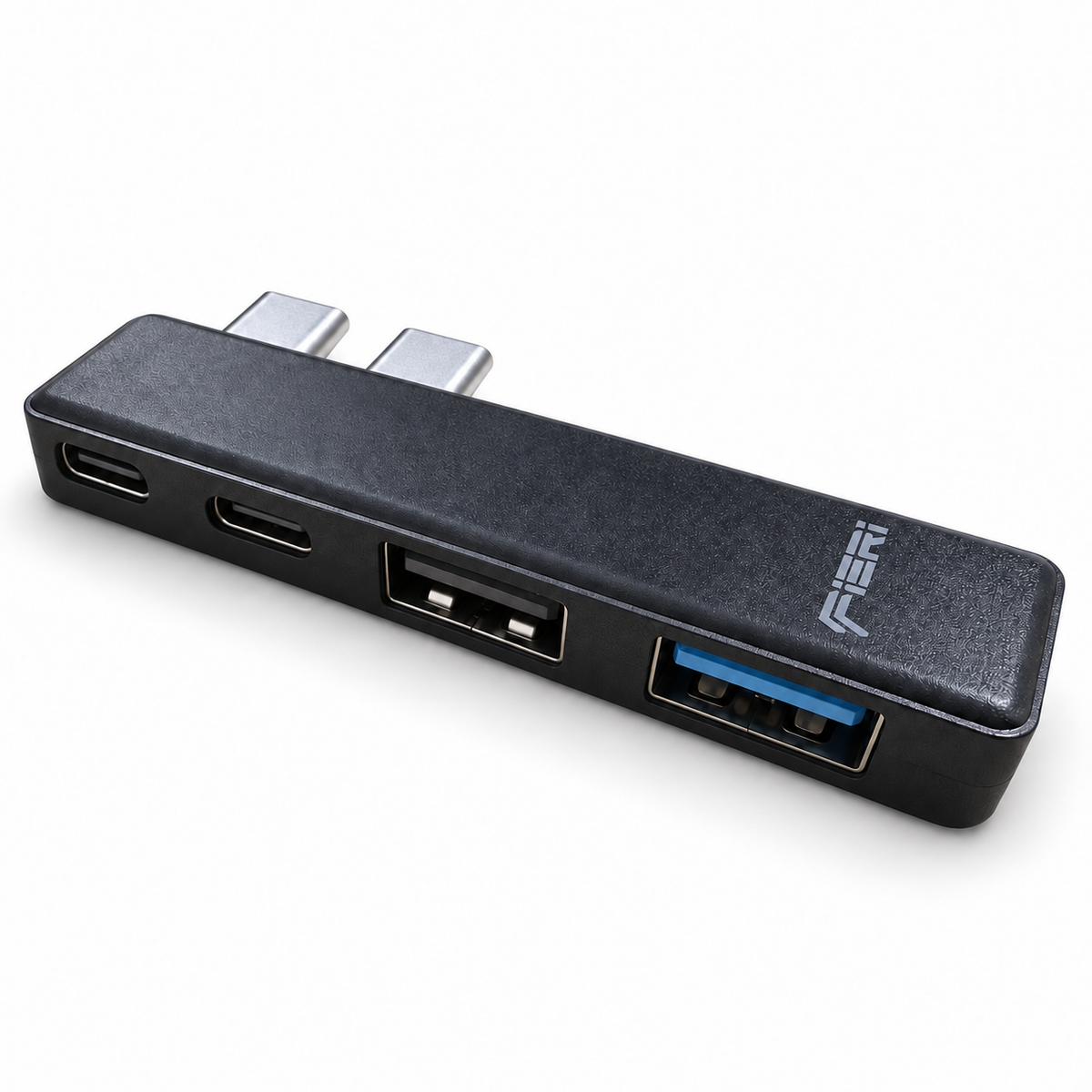 FIERI NeoHub 4in1 hitam dengan dua konektor USB-C dan empat port pada sisi depan.