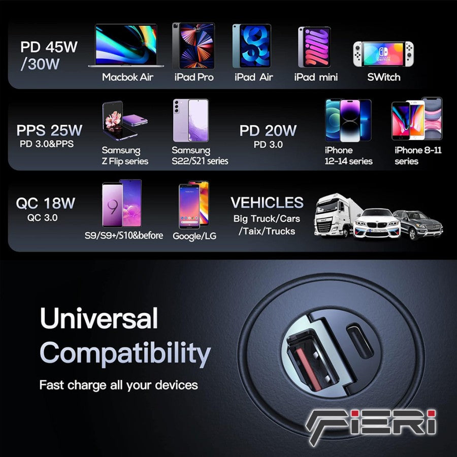 Pengisi Daya Mobil Fieri D2-X 45W Desain Mini USB-C + USB-A PD Pengisian Cepat