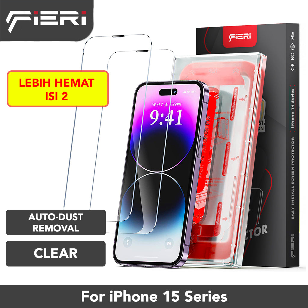 Pelindung Layar Bening Fieri untuk iPhone Seri 15 Pemasangan Mudah Anti Debu Otomatis - Paket isi 2