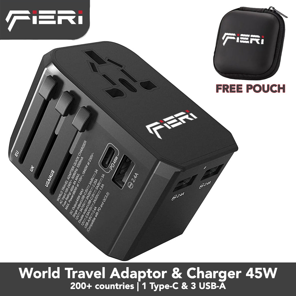 Adaptor Perjalanan Universal Fieri 45W XI2 1x USB-C + 3x USB-A