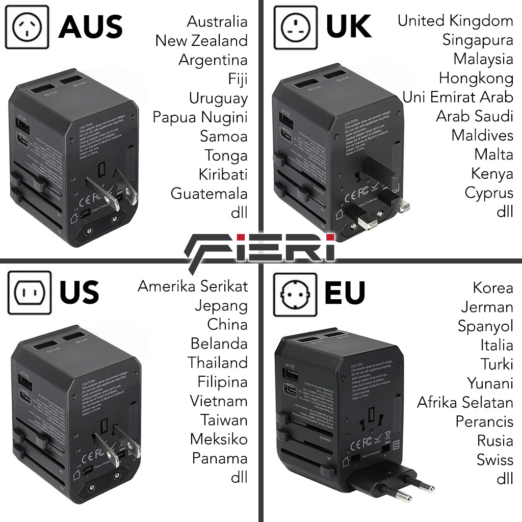 Adaptor Perjalanan Universal Fieri 45W XI2 1x USB-C + 3x USB-A