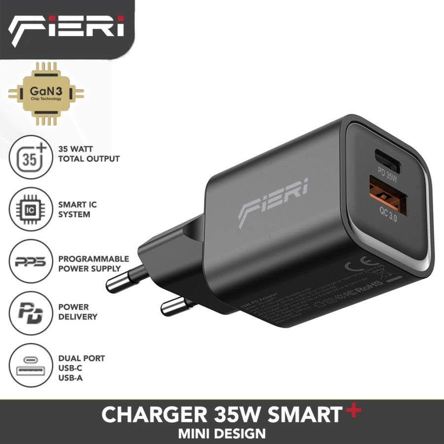 Pengisi Daya Dinding Fieri 35W Desain Mini USB-A + USB-C Smart+ GAN III PPS PD