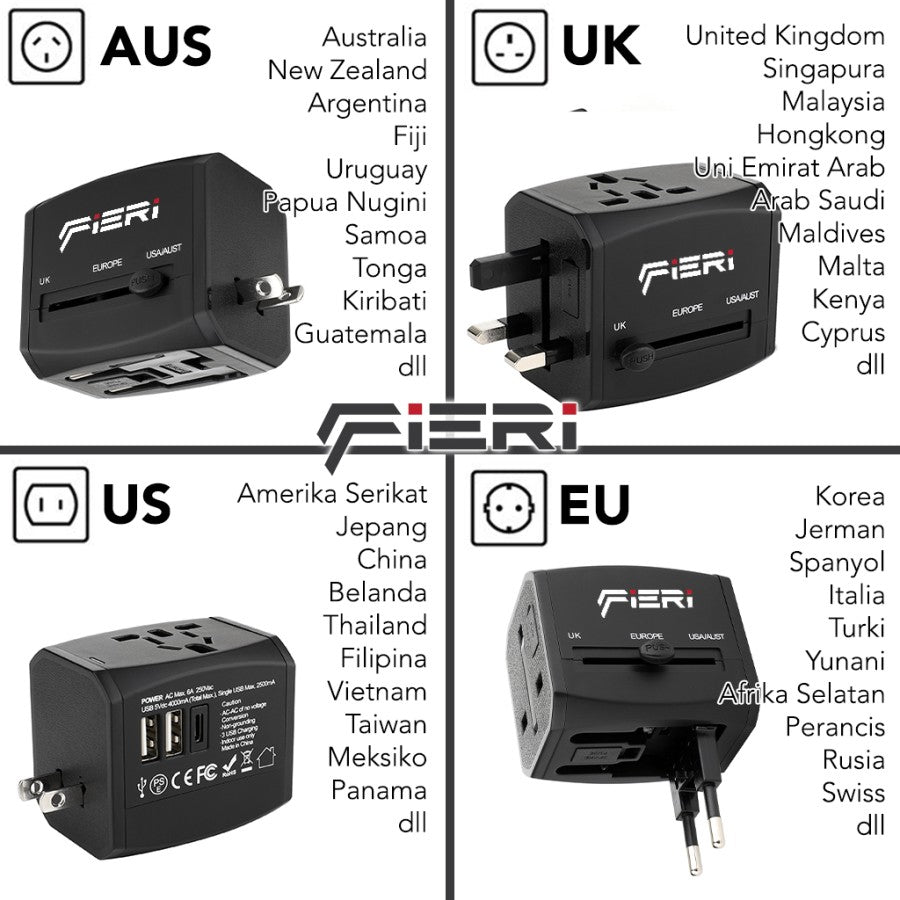 Adaptor Perjalanan Universal Fieri 20W XI1 1x USB-C + 2x USB-A