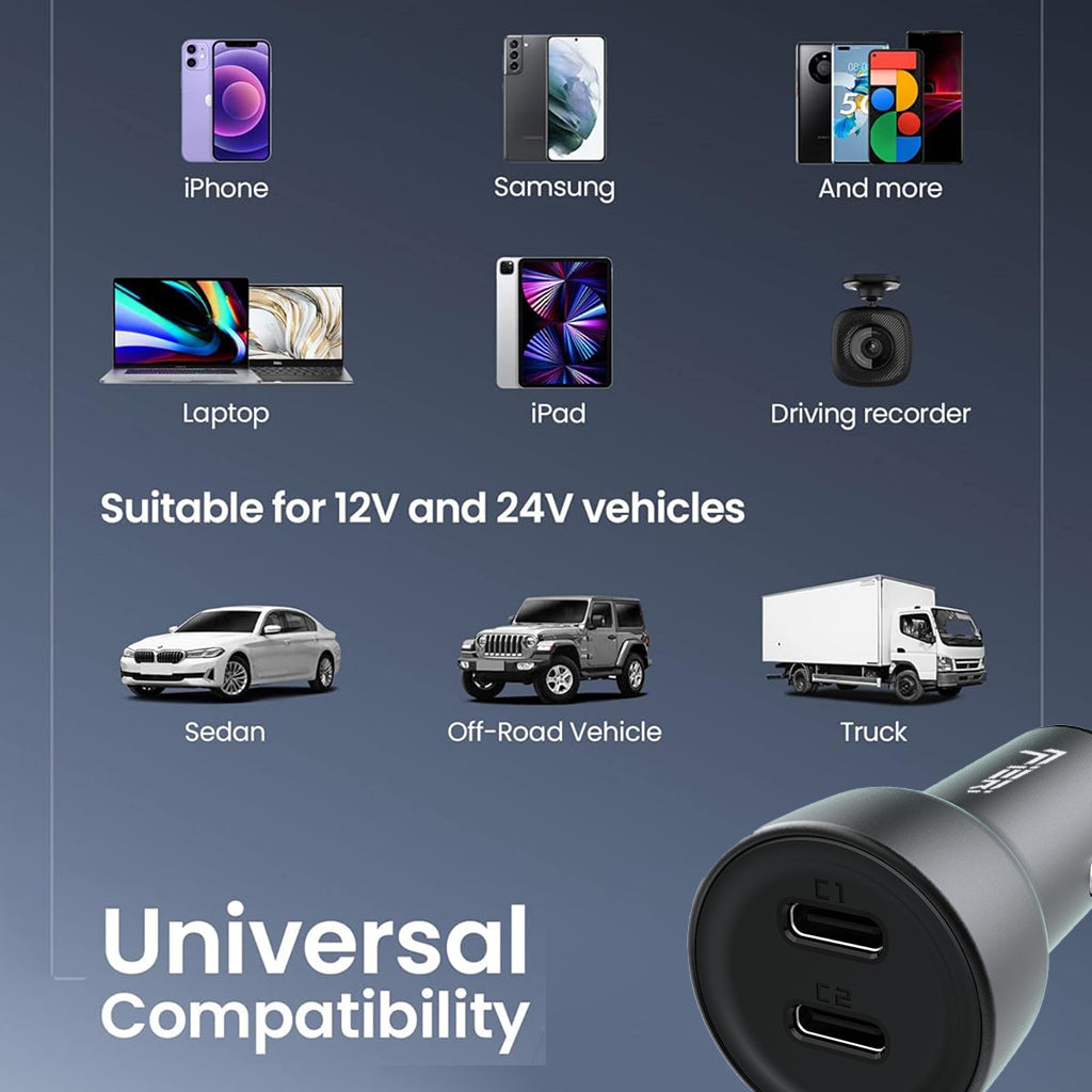 Pengisi Daya Mobil Fieri D1-X 65W 2x USB-C PD Pengisian Cepat