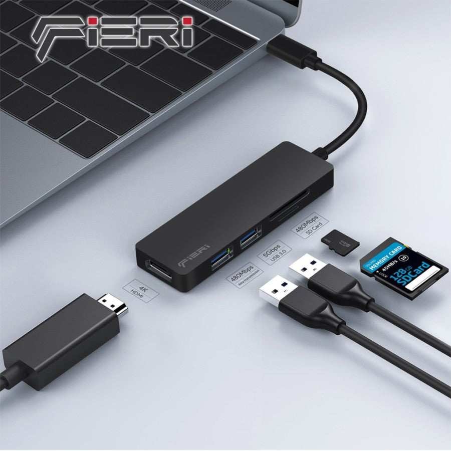 Konverter Fieri 5in1 Tipe C ke HDMI 4K / USB-A / Kartu SD / Pembaca Kartu Micro SD
