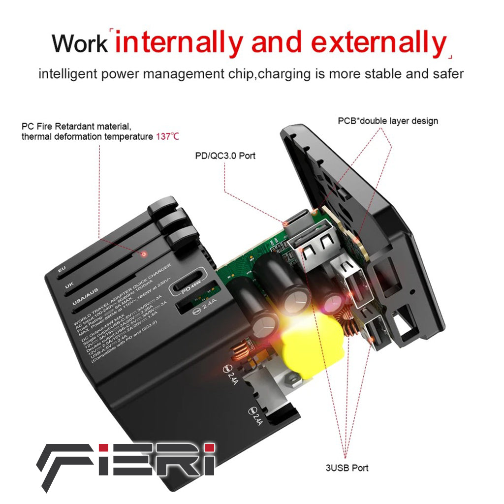 Adaptor Perjalanan Universal Fieri 45W XI2 1x USB-C + 3x USB-A
