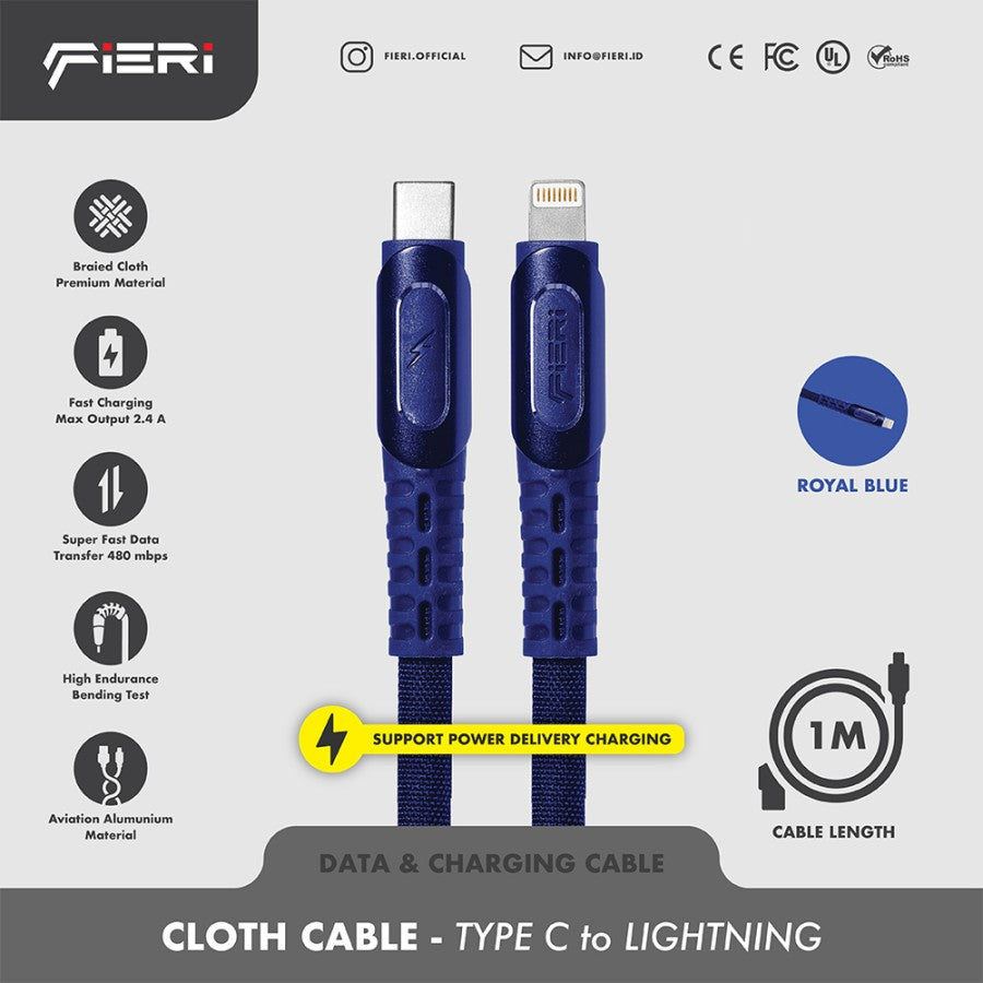Kabel Data Pengisian Daya Fieri USB-C ke Lightning 1M / 2M Kain