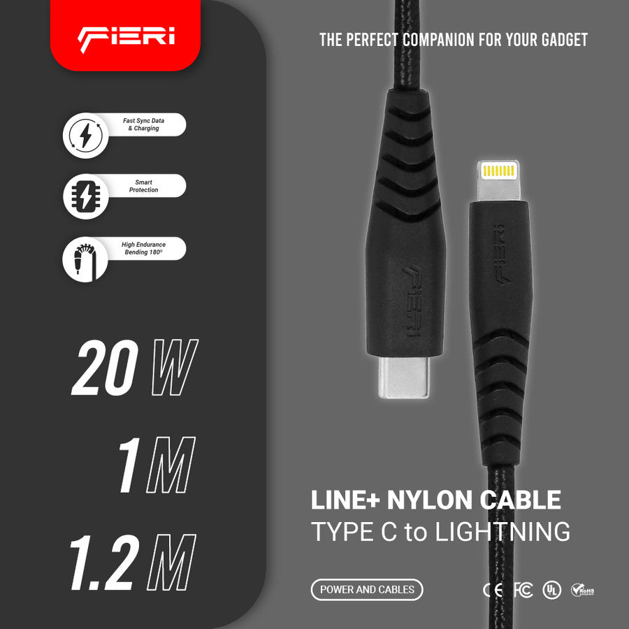Kabel Data Pengisian Daya Fieri USB-C ke Lightning Line+ PD 1M / 1.2M untuk iPhone