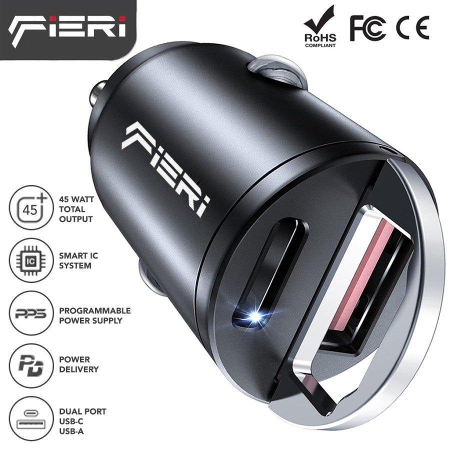 Pengisi Daya Mobil Fieri D2-X 45W Desain Mini USB-C + USB-A PD Pengisian Cepat