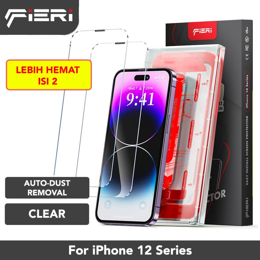 Pelindung Layar Bening Fieri untuk iPhone Seri 12 Pemasangan Mudah Anti Debu Otomatis - Paket isi 2