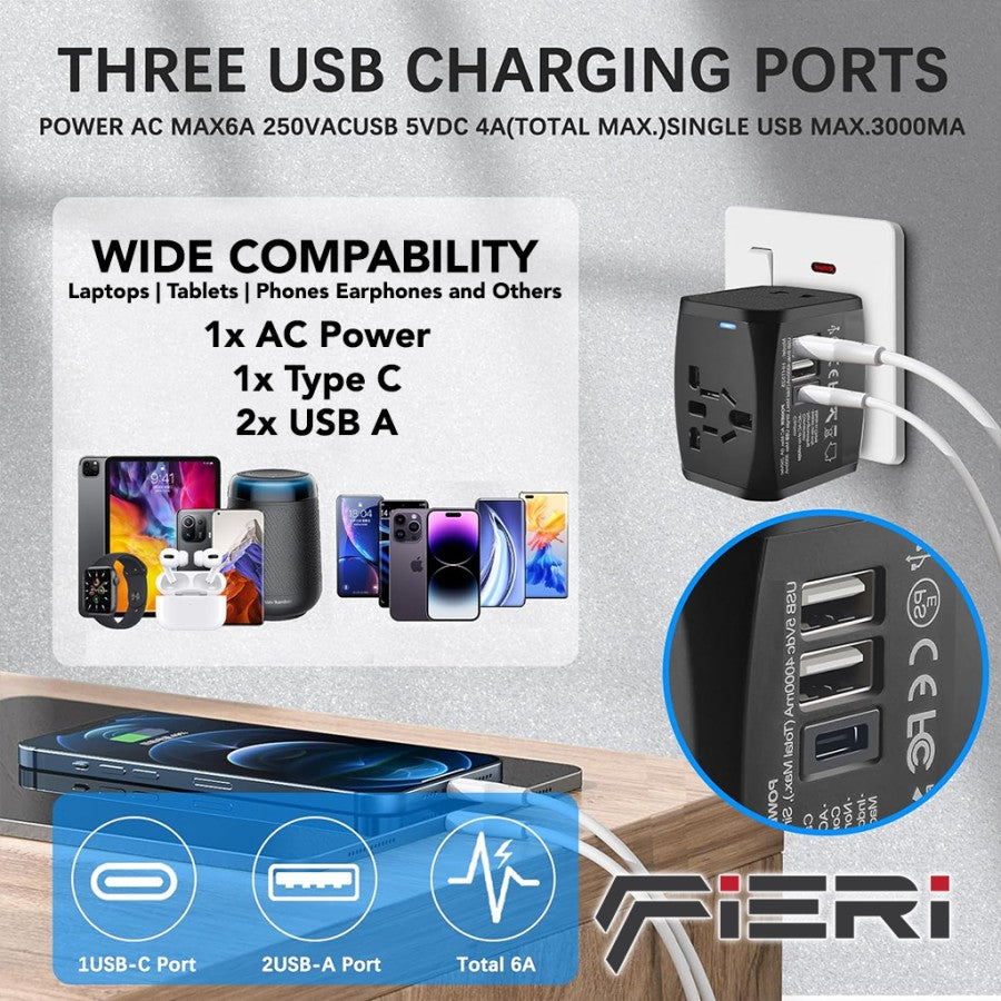 Adaptor Perjalanan Universal Fieri 20W XI1 1x USB-C + 2x USB-A