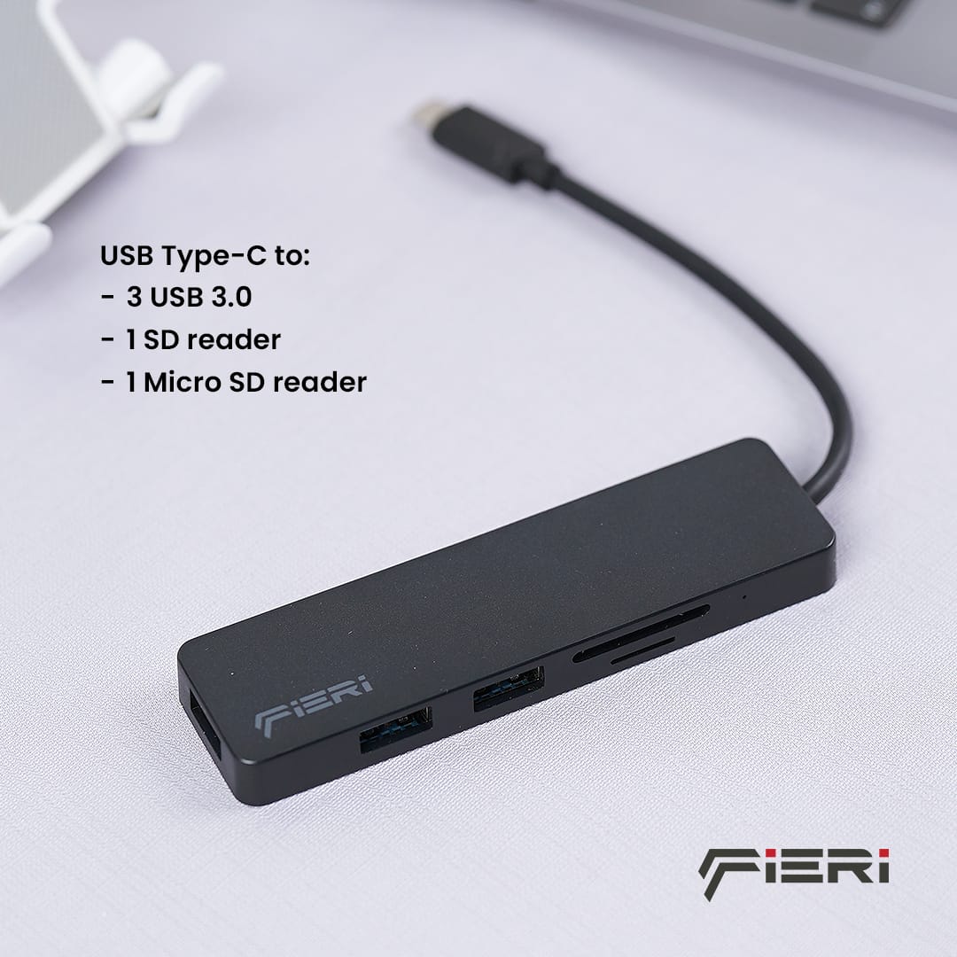 Konverter Fieri Tipe C ke 3x USB-A / SD / Pembaca Kartu Micro SD OTG