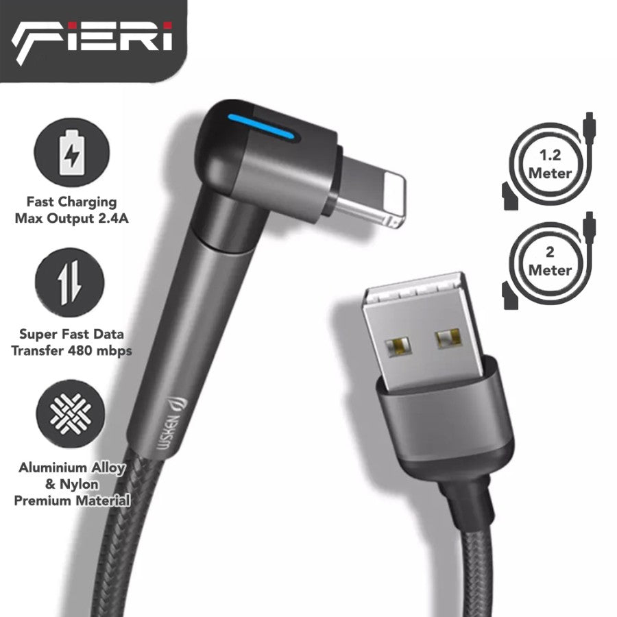 Kabel Data Pengisian Daya Fieri USB-A ke Lightning 1,2M Model Siku untuk iPhone