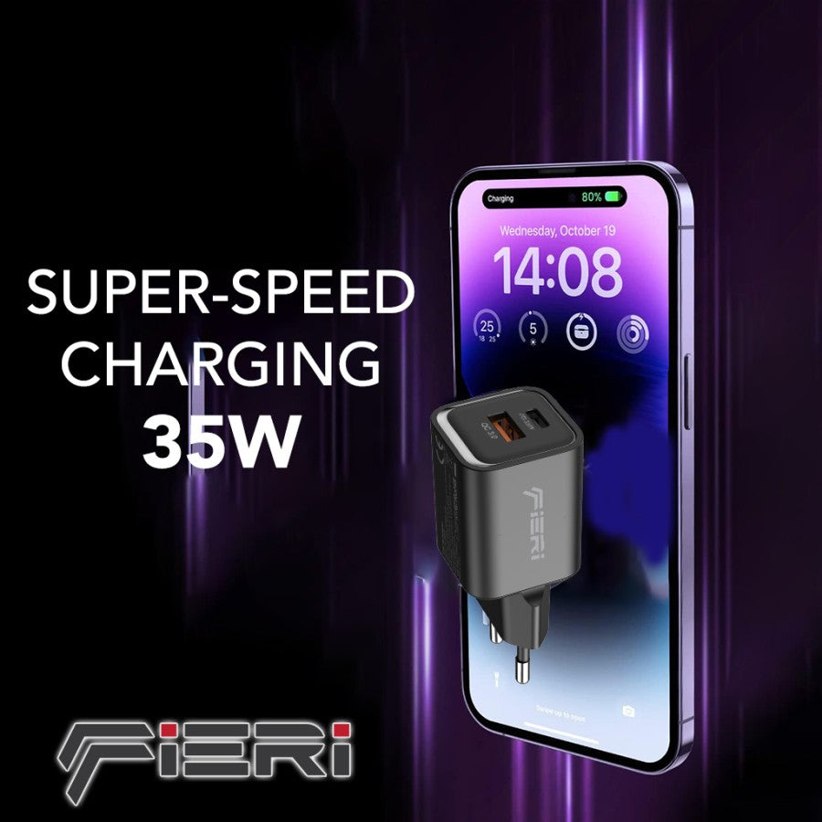 Pengisi Daya Dinding Fieri 35W Desain Mini USB-A + USB-C Smart+ GAN III PPS PD