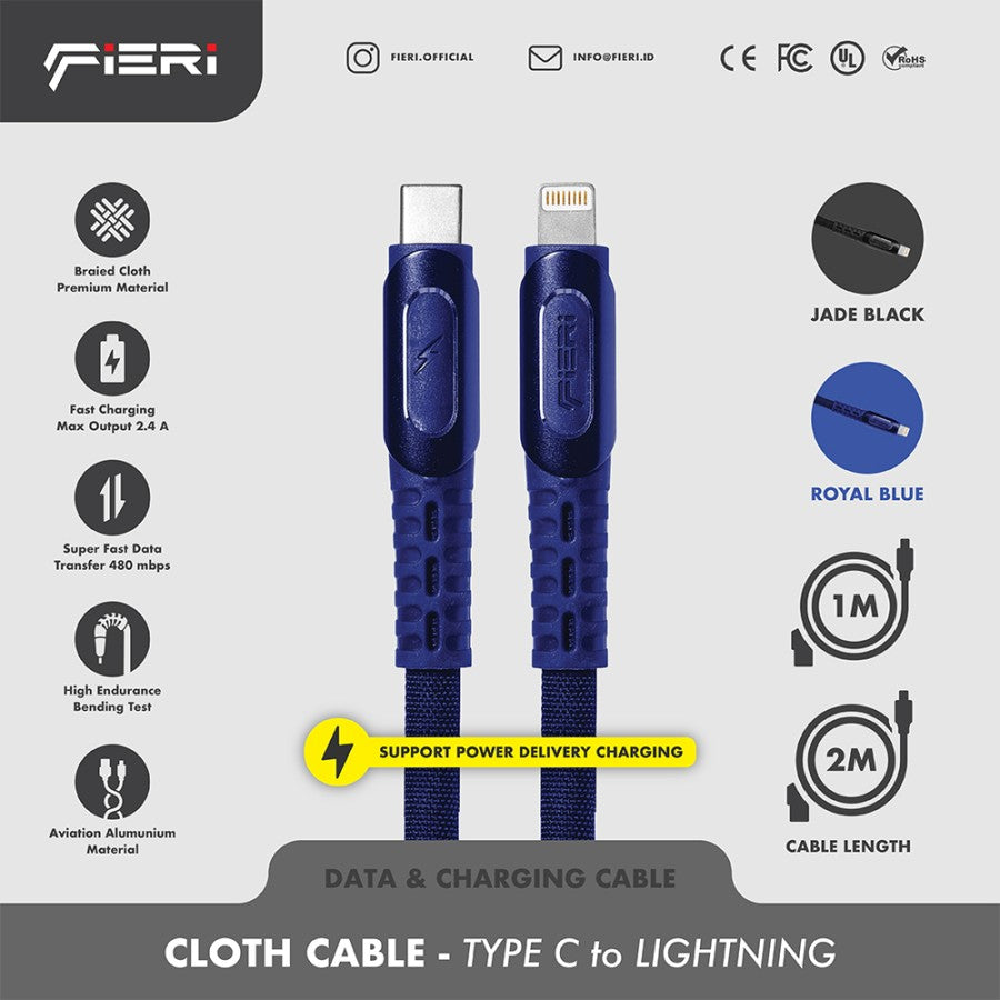 Kabel Data Pengisian Daya Fieri USB-C ke Lightning 1M / 2M Kain