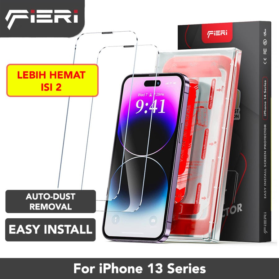 Pelindung Layar Bening Fieri untuk iPhone Seri 13 Pemasangan Mudah Anti Debu Otomatis - Paket isi 2