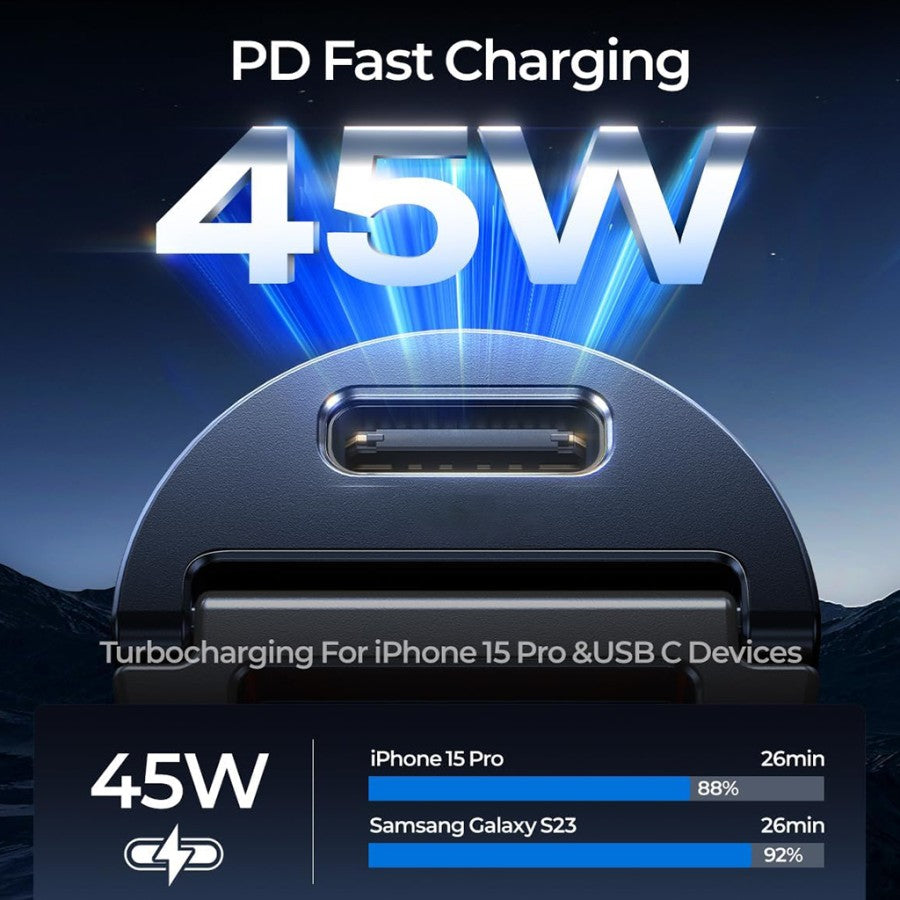 Pengisi Daya Mobil Fieri D2-X 45W Desain Mini USB-C + USB-A PD Pengisian Cepat