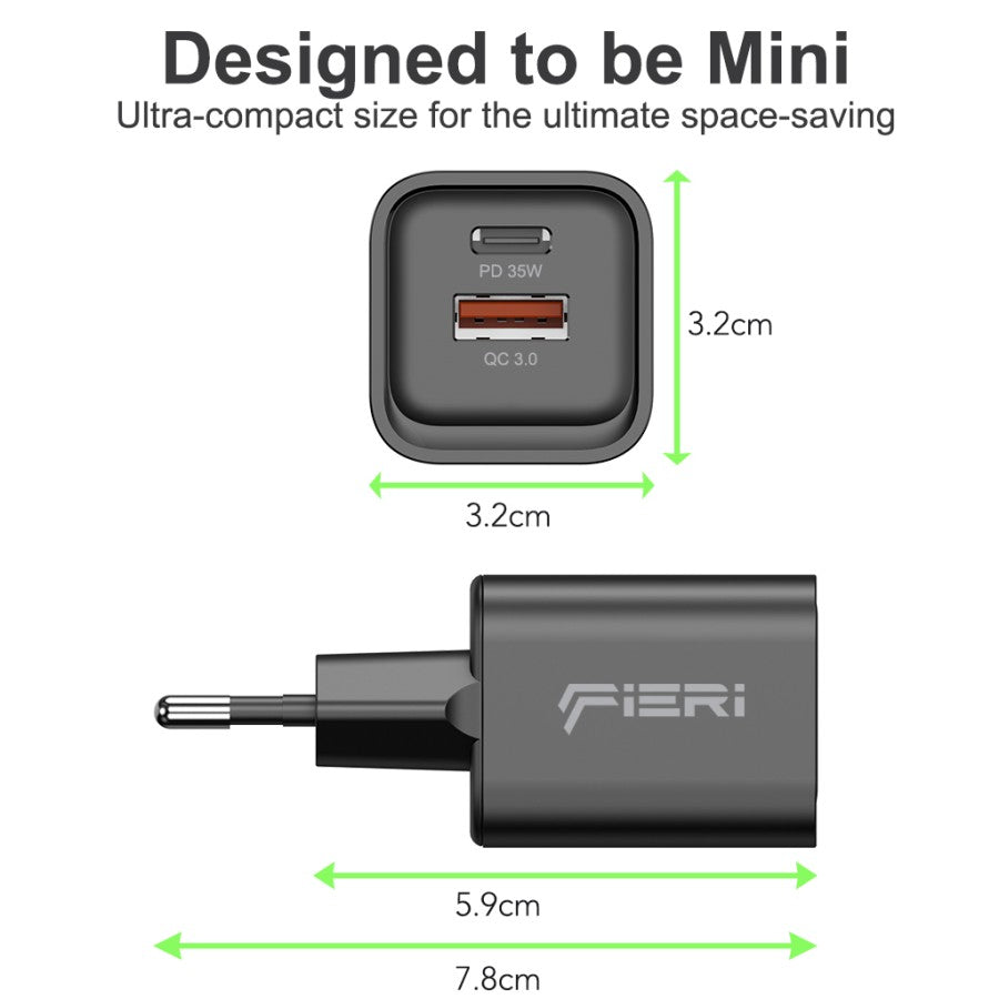 Pengisi Daya Dinding Fieri 35W Desain Mini USB-A + USB-C Smart+ GAN III PPS PD