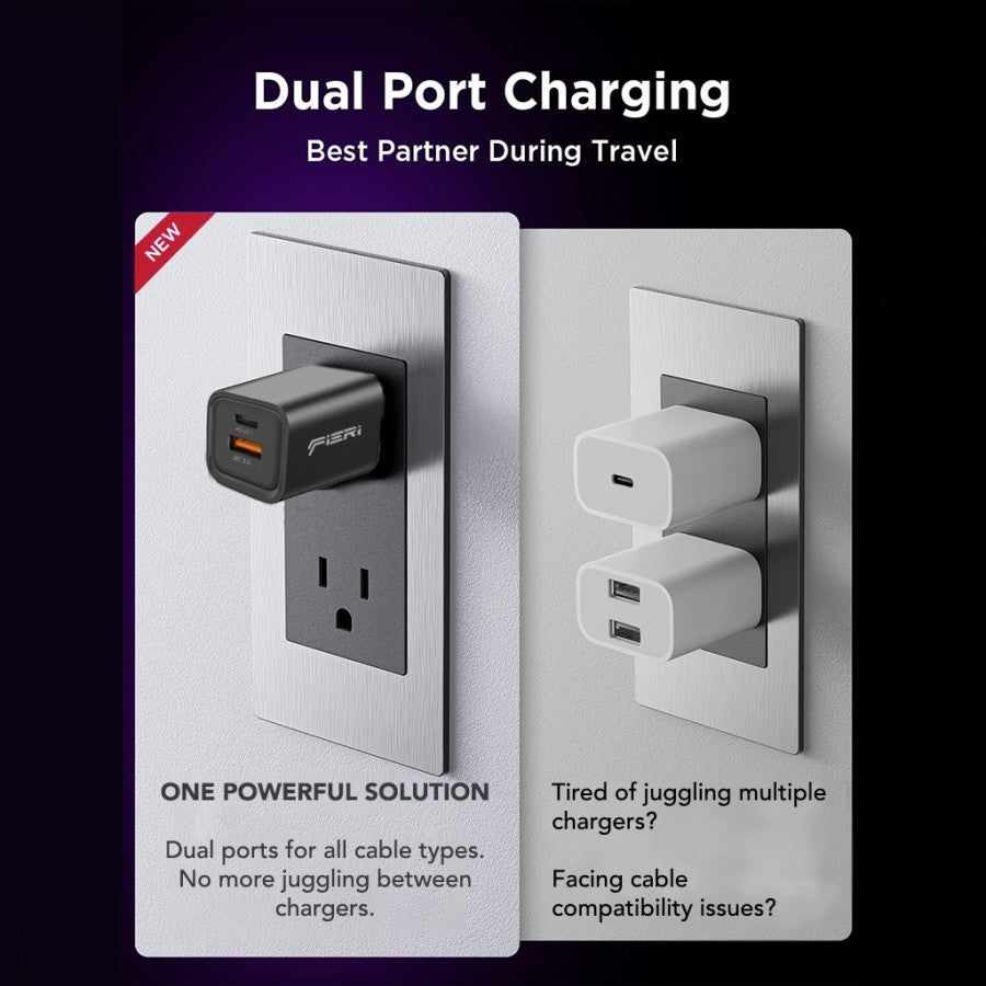 Pengisi Daya Dinding Fieri 35W Desain Mini USB-A + USB-C Smart+ GAN III PPS PD