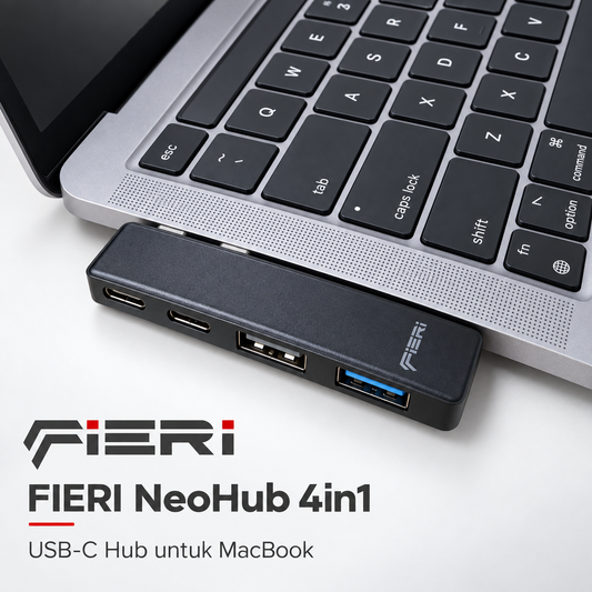FIERI NeoHub 4in1 USB hub dual USB-C terpasang di sisi MacBook, dengan dua port USB-C dan dua USB-A.