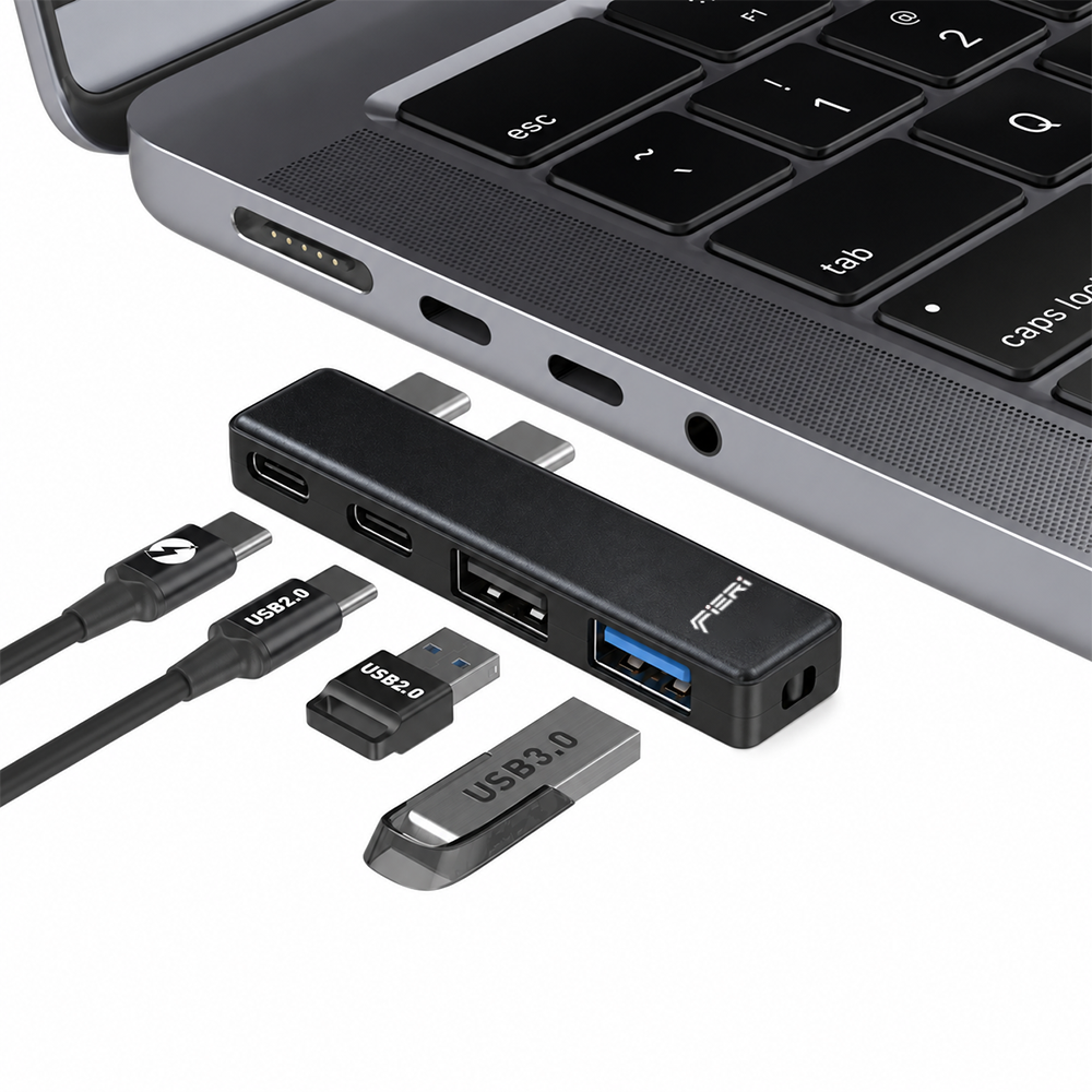 Detail dua konektor USB-C FIERI NeoHub 4in1 dan aksesori yang dihubungkan ke empat portnya.
