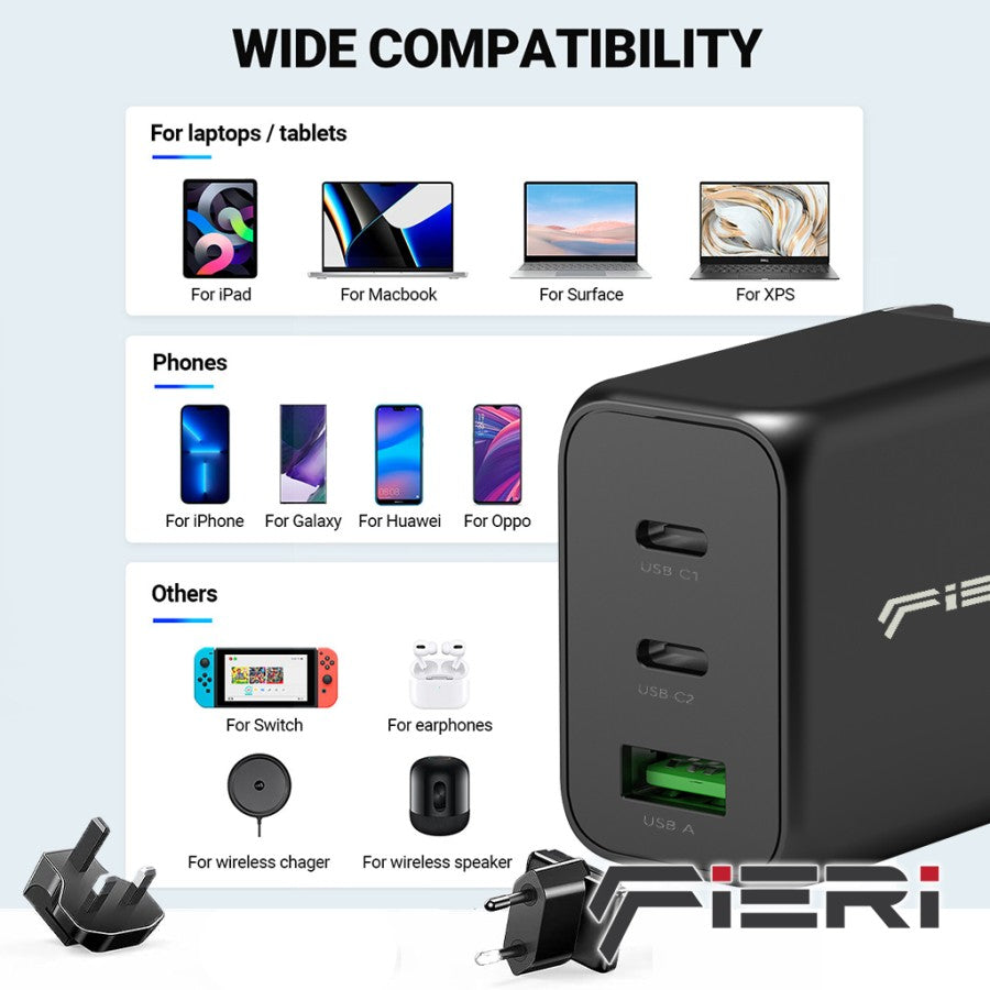 Fieri Wall Travel Charger 65 Watt 2x USB-C 1x USB-A Smart+ Gan III PPS PD