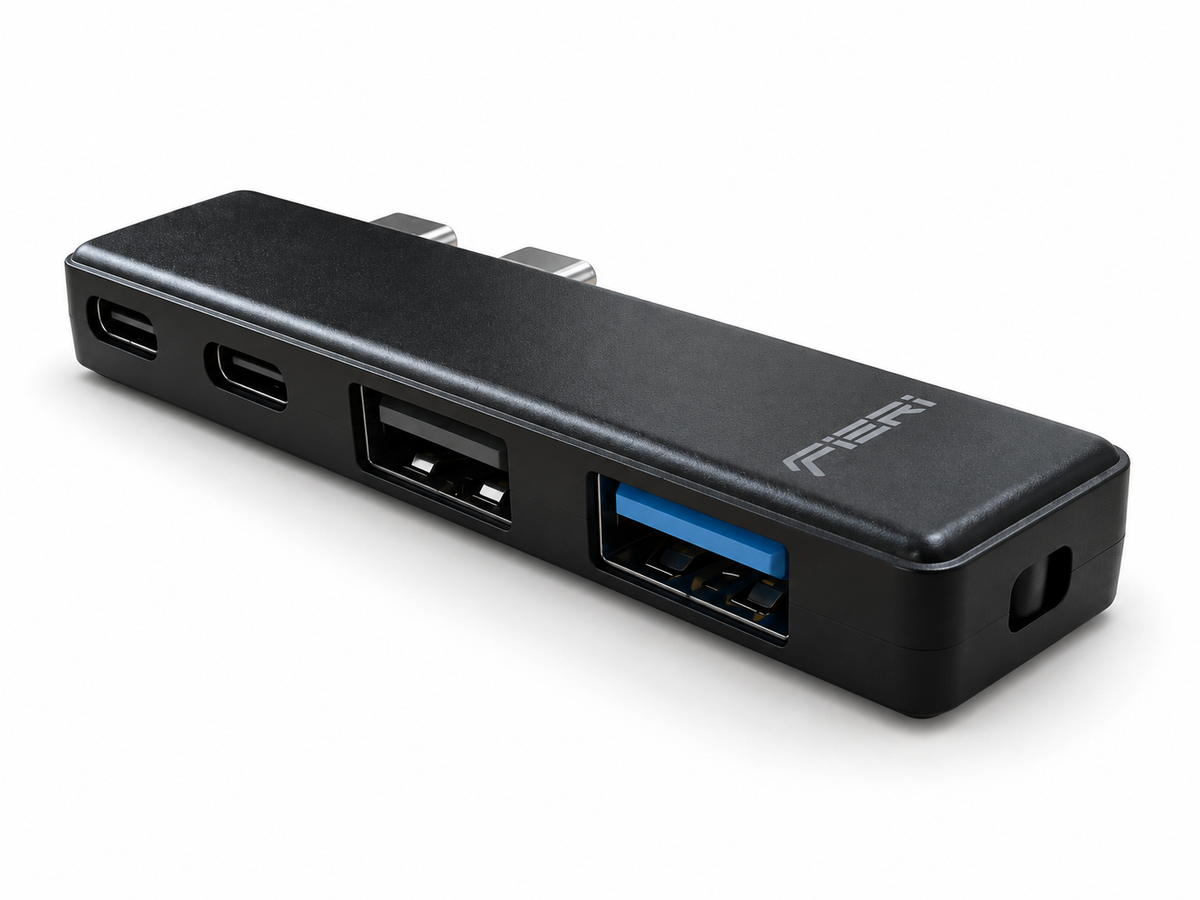 Tampilan depan FIERI NeoHub 4in1 hitam dengan dua port USB-C, dua USB-A, dan lubang tali.