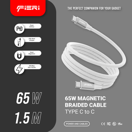 Fieri Magnetic Charging Cable C938 — 65W USB-C to USB-C | 1.5 m Braided Nylon