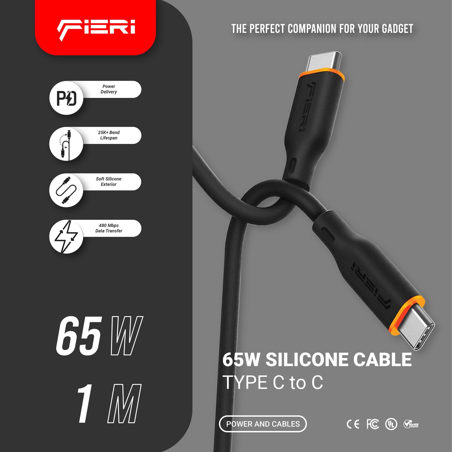 Fieri C939 Silicone Charging Cable — 65W USB-C to USB-C | 1 m Soft-Touch Design
