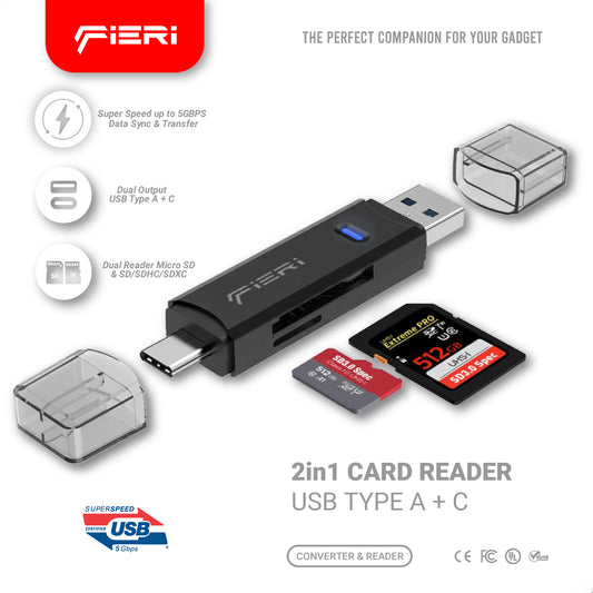 Fieri Dual Card Reader USB-A 3.0 & USB Type C for Micro SD / SD Card / SDHC SDXC MMC - Super Speed LED