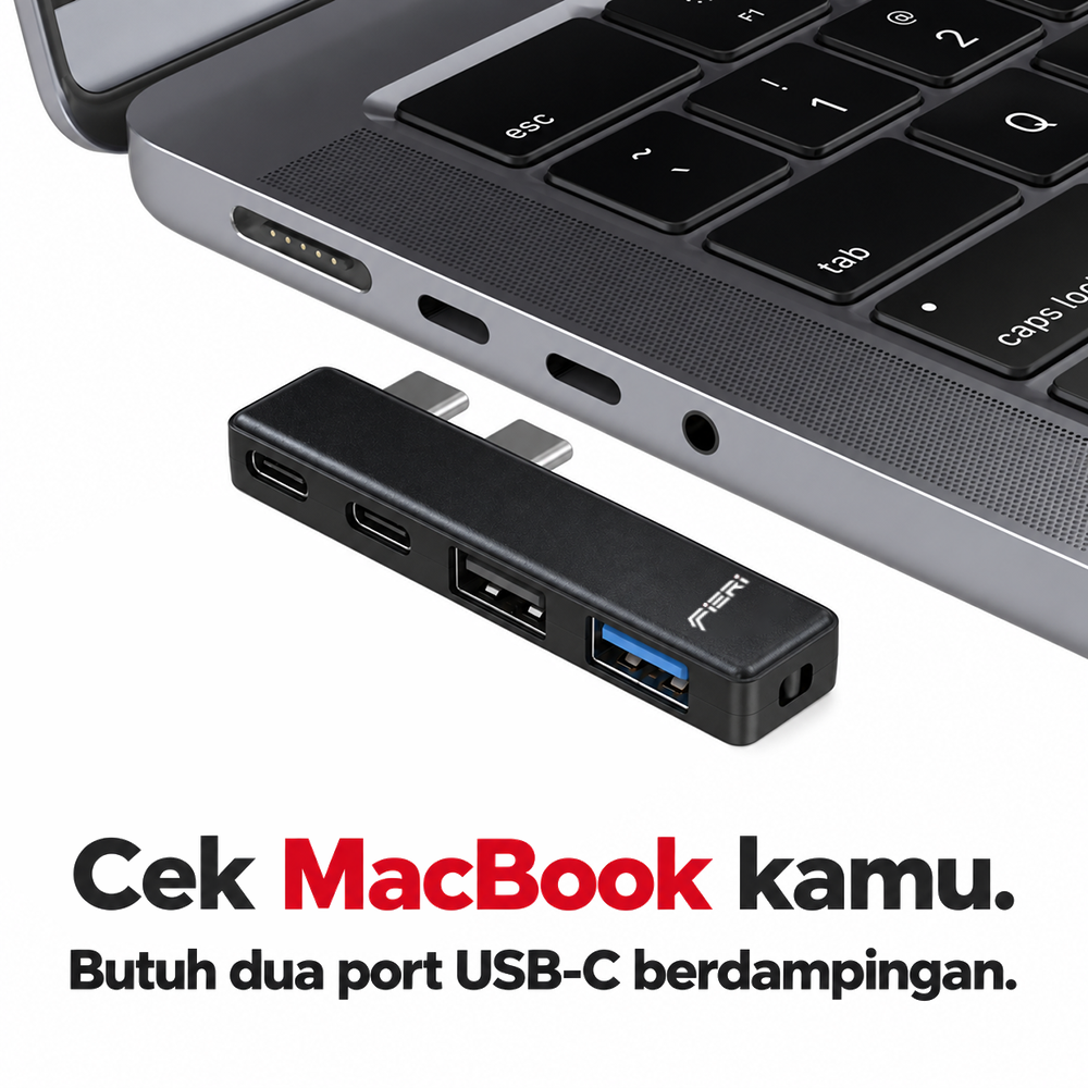 Panduan pemasangan FIERI NeoHub 4in1 pada dua port USB-C MacBook yang berdampingan.