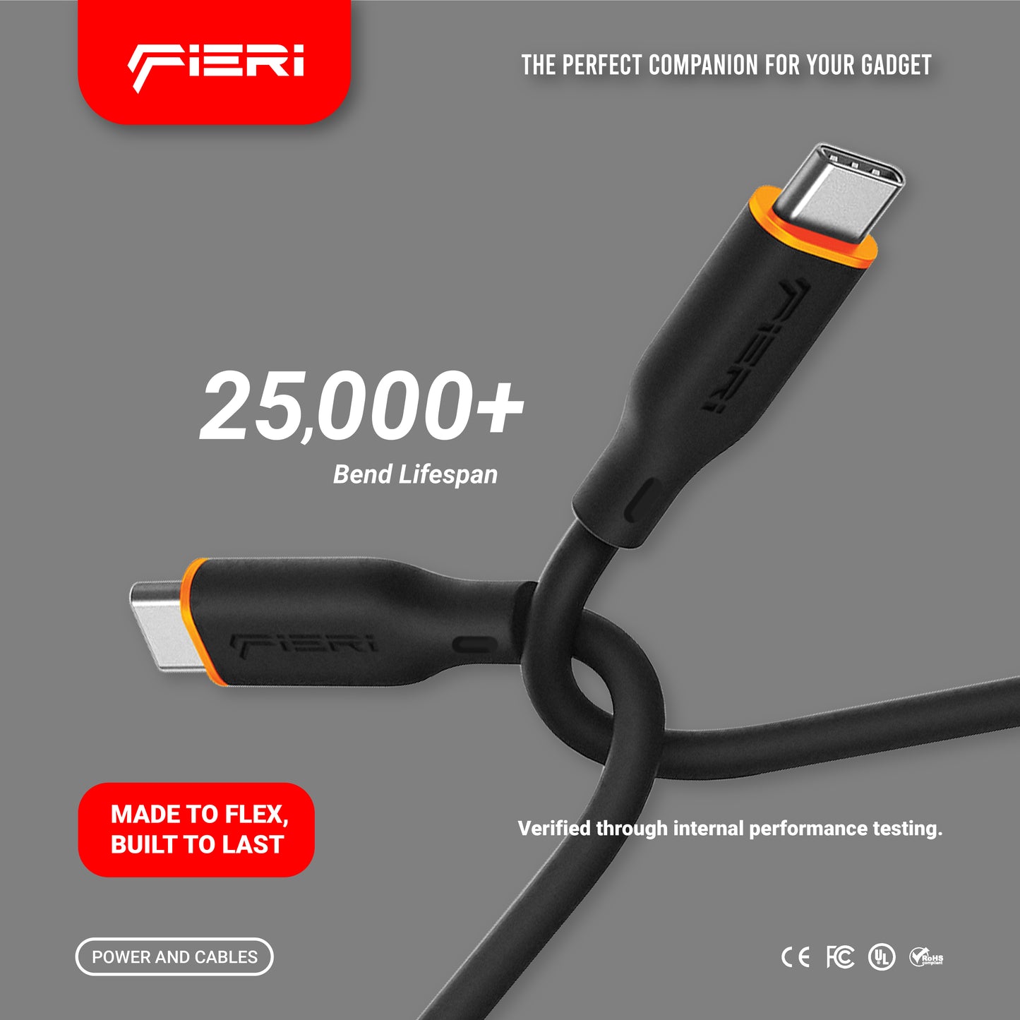 Fieri C939 Silicone Charging Cable — 65W USB-C to USB-C | 1 m Soft-Touch Design