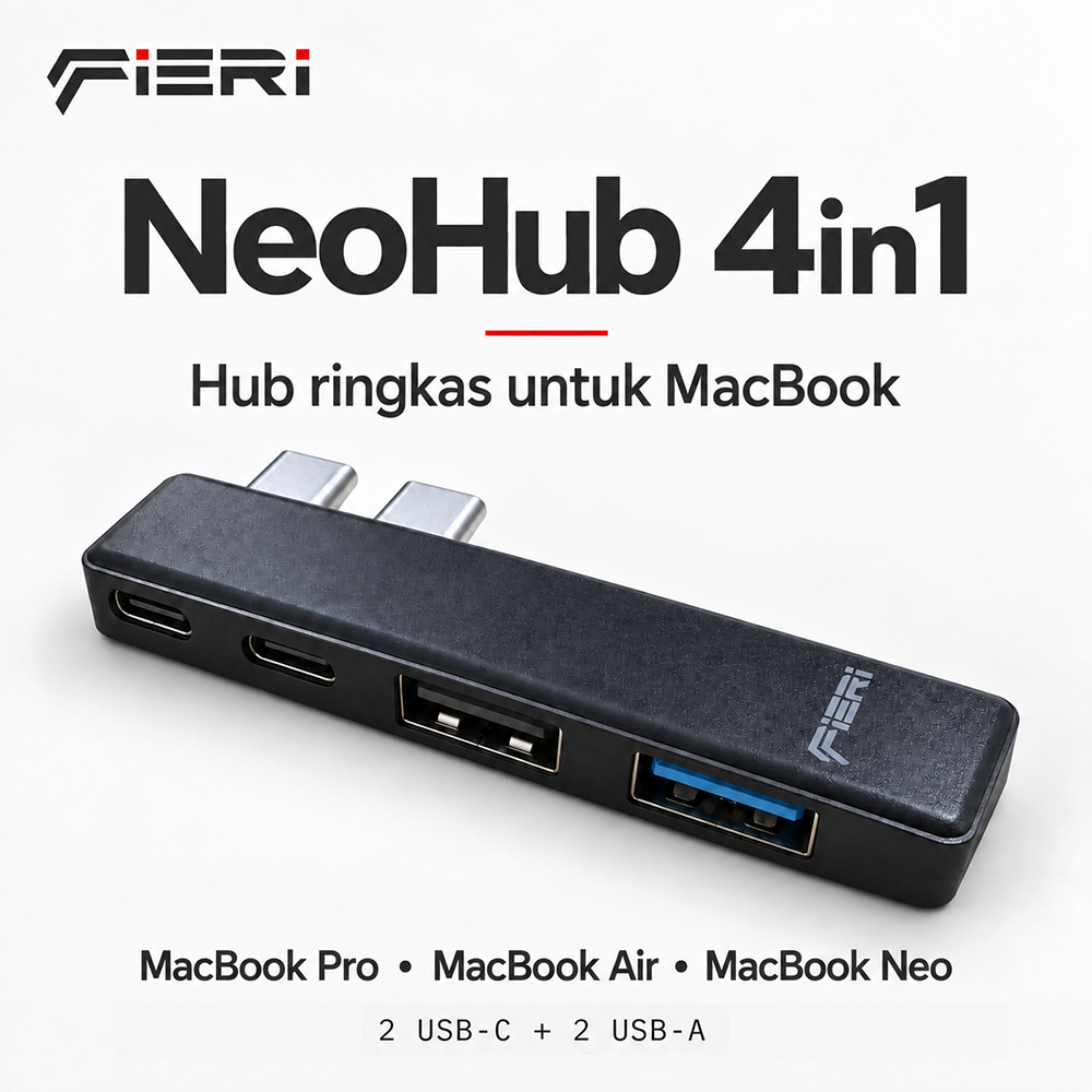 FIERI NeoHub 4in1 hitam untuk MacBook Neo, Pro, dan Air, dengan dua USB-C dan dua USB-A.