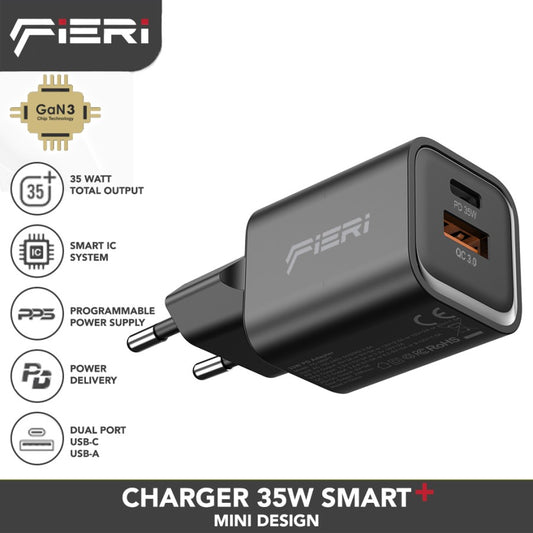 Fieri Wall Charger 35W Mini Design USB-A + USB-C Smart+ GAN III PPS PD