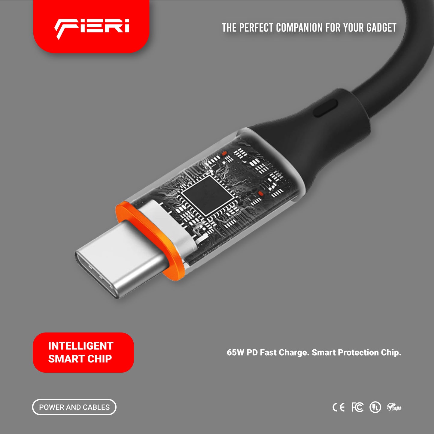 Fieri C939 Silicone Charging Cable — 65W USB-C to USB-C | 1 m Soft-Touch Design