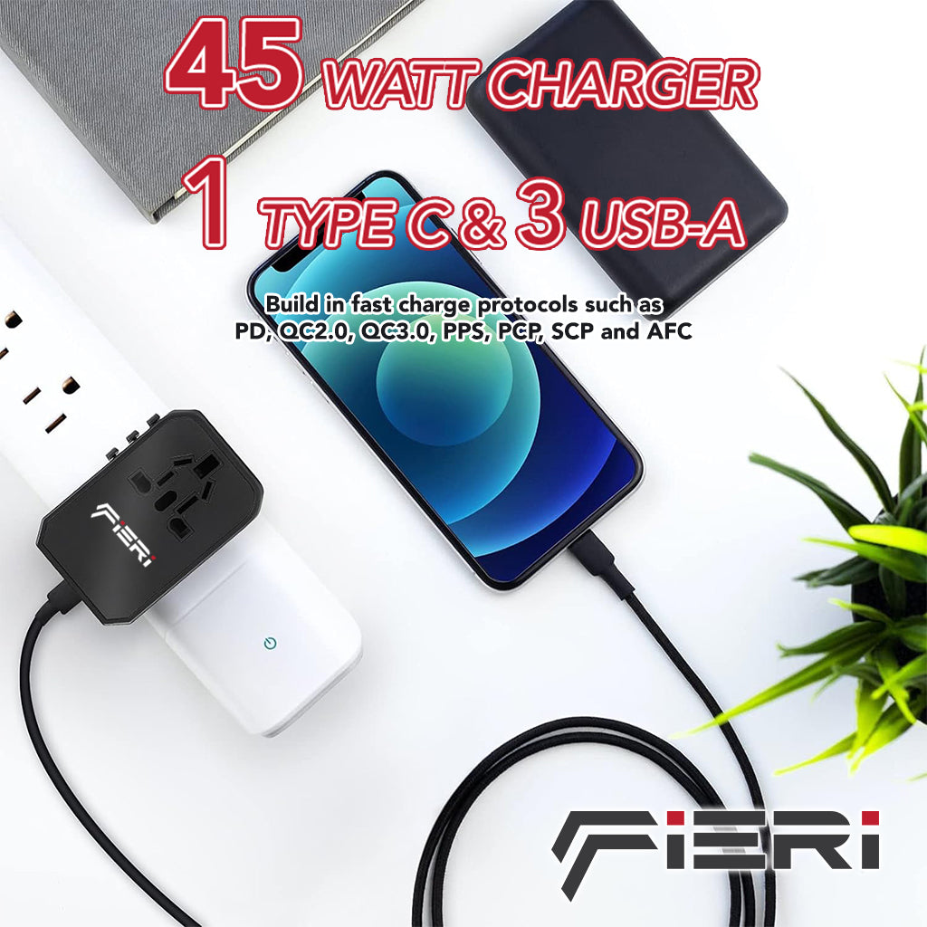 Fieri Universal Travel Adaptor 45W XI2 1x USB-C + 3x USB-A