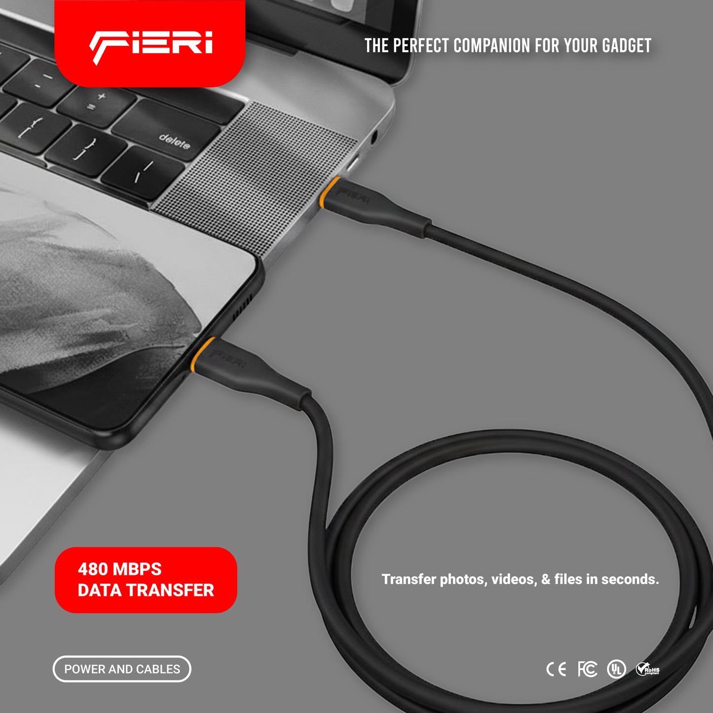 Fieri C939 Silicone Charging Cable — 65W USB-C to USB-C | 1 m Soft-Touch Design