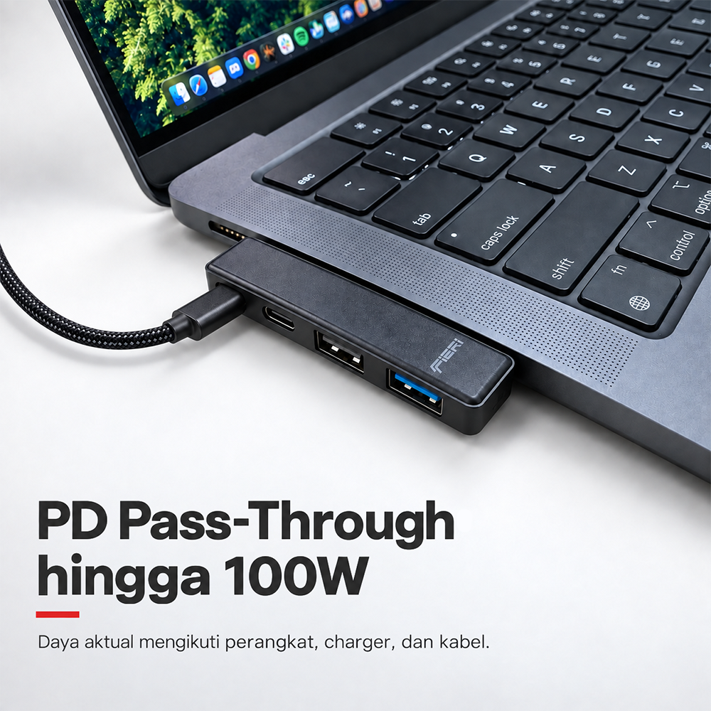 Ilustrasi PD pass-through hingga 100W melalui port USB-C FIERI NeoHub 4in1 pada MacBook.