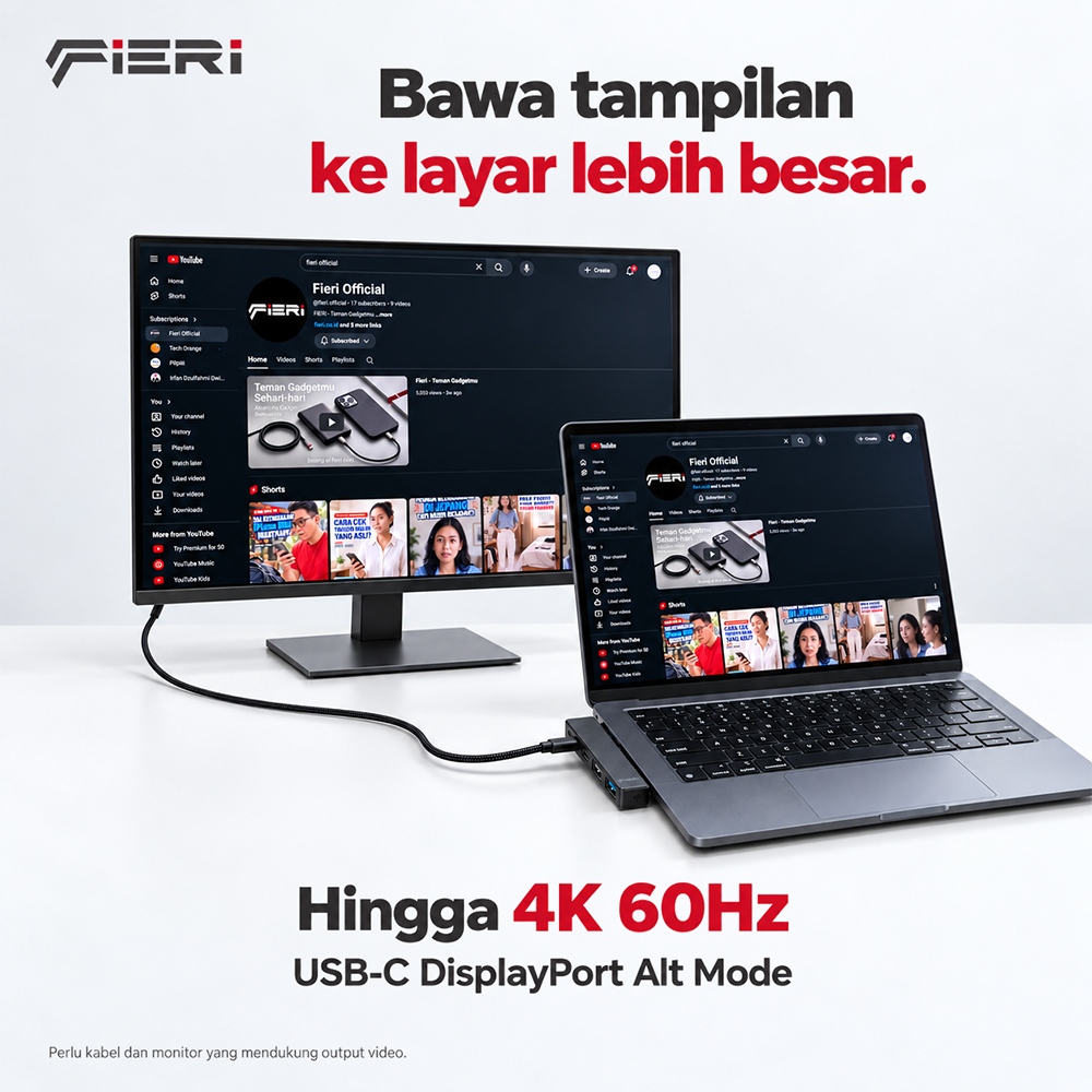 Ilustrasi monitor eksternal melalui FIERI NeoHub 4in1, dengan output USB-C hingga 4K 60Hz.