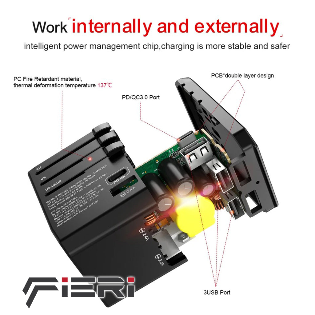 Fieri Universal Travel Adaptor 45W XI2 1x USB-C + 3x USB-A
