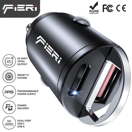 Fieri Car Charger D2-X 45W Mini Design USB-C + USB-A PD Fast Charging