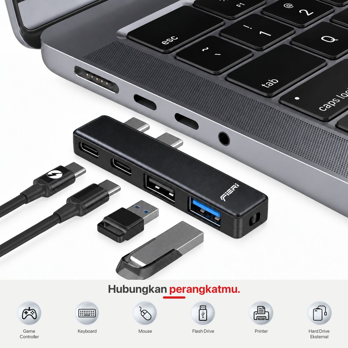 Ilustrasi kabel USB-C dan aksesori USB-A yang dihubungkan ke FIERI NeoHub 4in1.