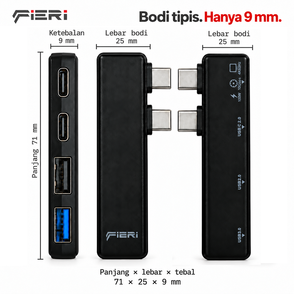 Diagram dimensi bodi FIERI NeoHub 4in1: panjang 71 mm, lebar 25 mm, dan tebal 9 mm.