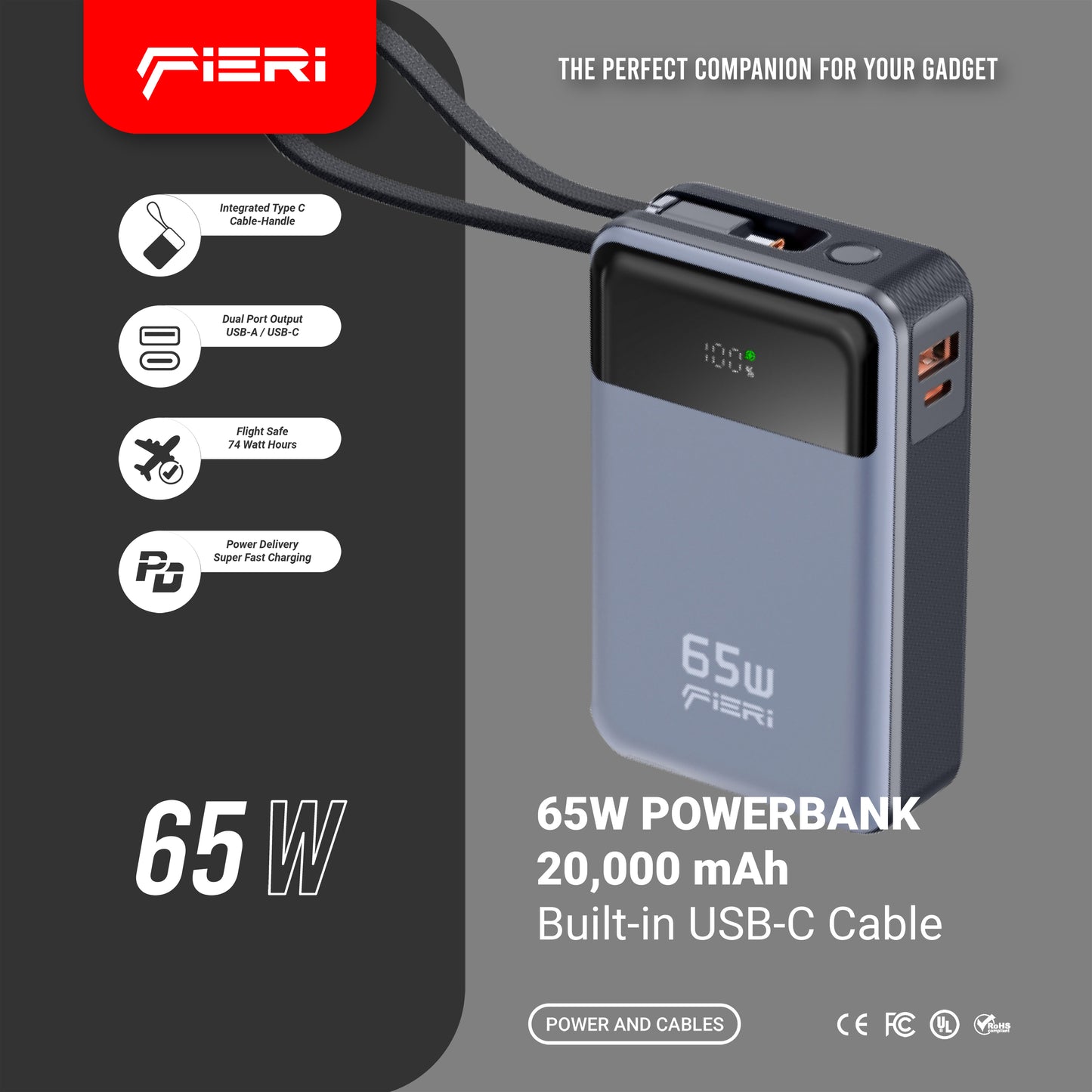 Fieri Power Bank PowerLink One — 65W 20,000 mAh with Built-in USB-C Cable