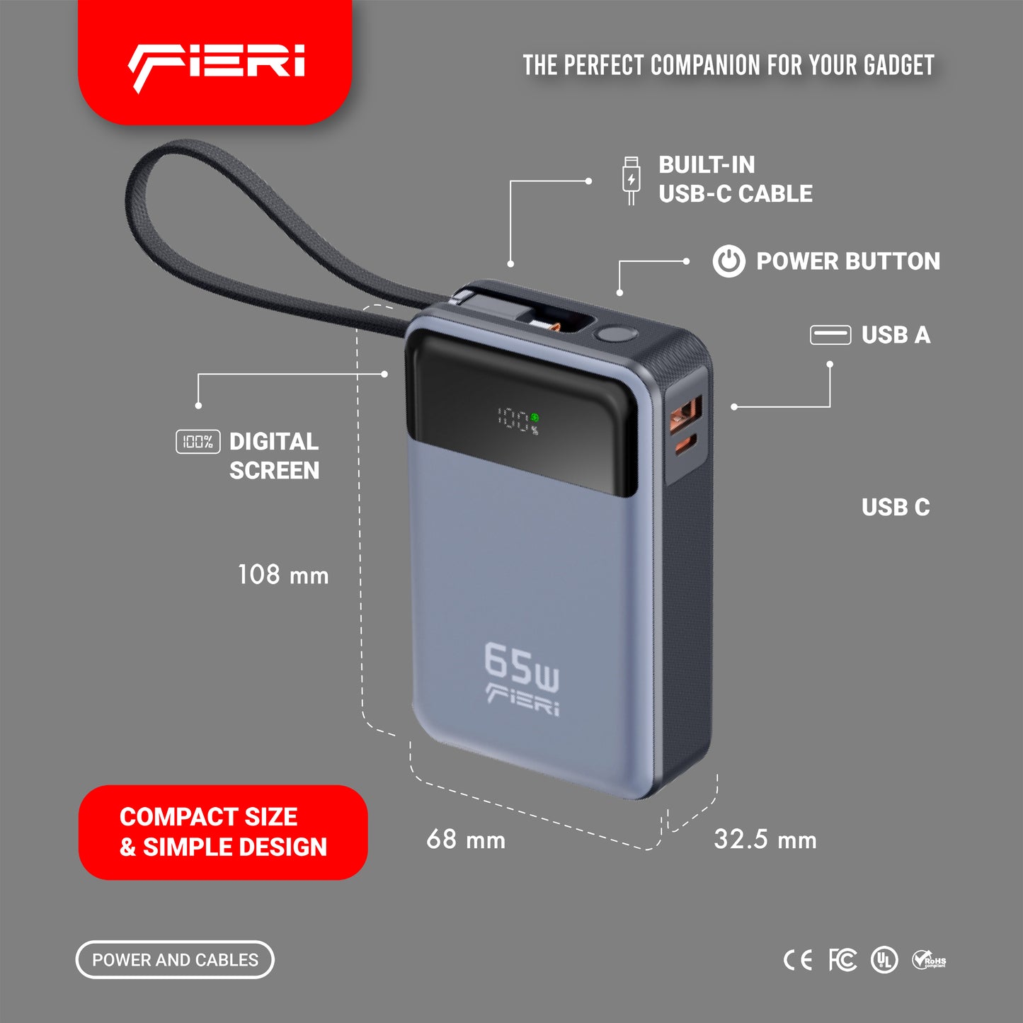 Fieri Power Bank PowerLink One — 65W 20,000 mAh with Built-in USB-C Cable