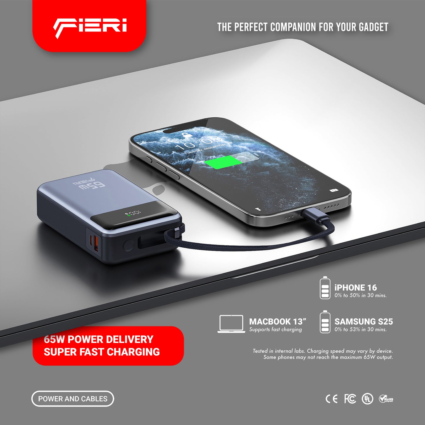 Fieri Power Bank PowerLink One — 65W 20,000 mAh with Built-in USB-C Cable
